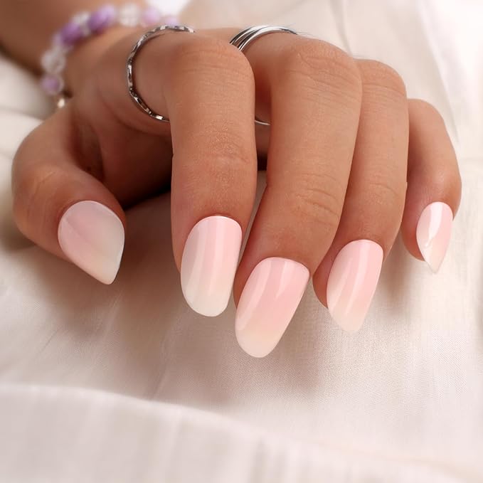 Pink Ombre Press-On Nails, Medium Short Square Shape, Glossy Gel Finish, 24pcs Reusable Nude Gradient Fake Nails Kit for Women, Natural Stick-On Acrylic Nails for DIY Manicure