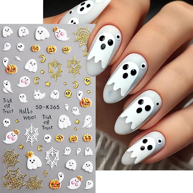 Halloween Nail Art Stickers Decals Cute Ghost Black Cat Nail Decals 2PCS 5D Embossed Gold Pumpkin Spider Web Castle Cat Paw Self-Adhesive Design Halloween Nail Stickers for Women Manicure Decorations