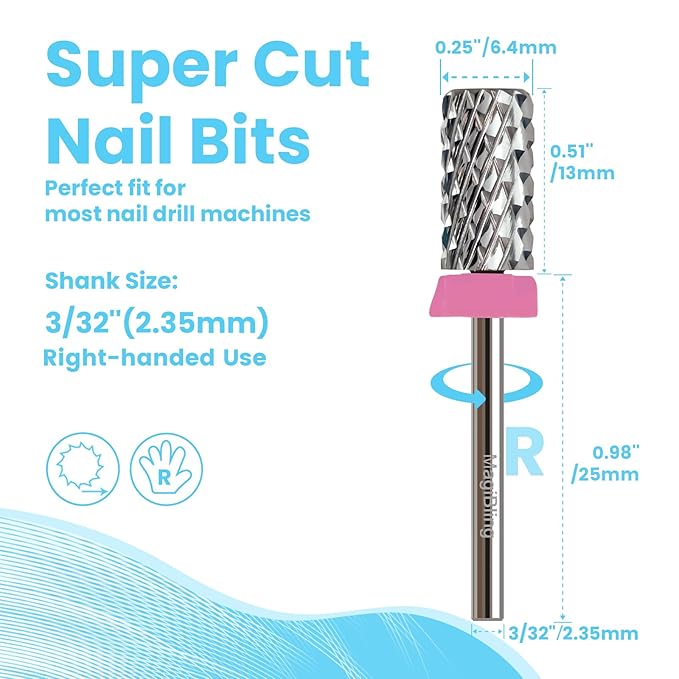 Super Cut Large Barrel Nail Drill Bits for Professional Users, 3/32'' Tungsten Carbide Bits, Upward Deep Cut for Removing Hard Gel Fast, Right Hand Use, Manicure Cuticle Gel Polishing, Triple Coarse.