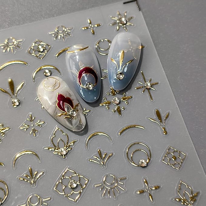 Gold Flower Nail Art Stickers 5D Embossed Retro Nail Decals Bohemia Flower Designs Self Adhesive Gel Nail Art Supplies Accessories Colorful Nail Stickers for Women Nail Decoration