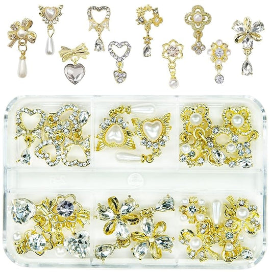 20Pcs Luxury Nail Charms 10 Pair Dangle Nail Art Rhinestones Heart Charms for Nails Flower Nail Crystals Heart Pearl Crystal Big Gems 3D Alloy Gold Luxury Nail Gems for Nails Crafts DIY Jewelry Making