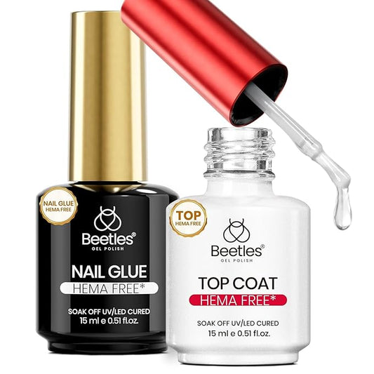Beetles 2Pcs 15ml HEMA-Free Nail Glue Gel and No Wipe Top Coat Set, Super Strong for Gel Nail Polish Press-On Nail Extension, Shine Effect Long Lasting Soak Off Uv Light DIY Home Gift for Women