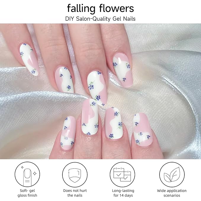 Semi Cured Gel Nail Strips, Falling Flowers| 28 pcs Gel Nail Strips Work with Any UV Lamp, Salon Quality UV Nails Stickers, Easy to Apply for Home Nails DIY