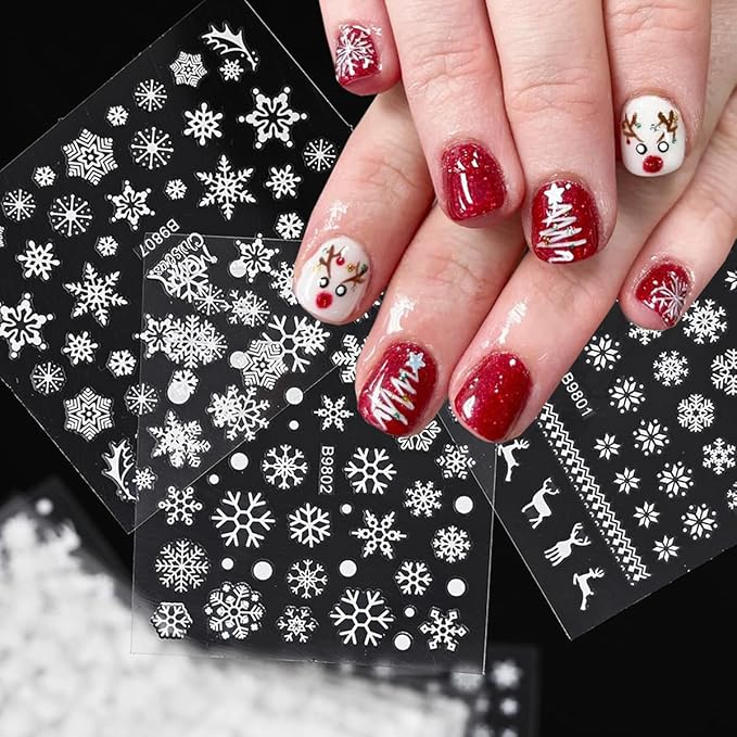30Sheets Christmas Snowflakes Nail Art Stickers Decals for Kit with White Snowflake Glitter Design 3D Self Adhesive Nail Art Supplies Sticker Winter Xmas Nail Art Decoration Snow Manicure for New Year