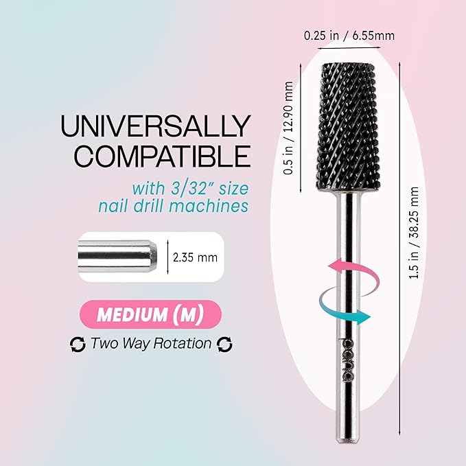 PANA Tapered Barrel Carbide 3/32" Shank Size - (Black, Medium Grit) - Fast remove Acrylic or Hard Gel Nail Drill Bit for Manicure Pedicure Salon Professional or Beginner