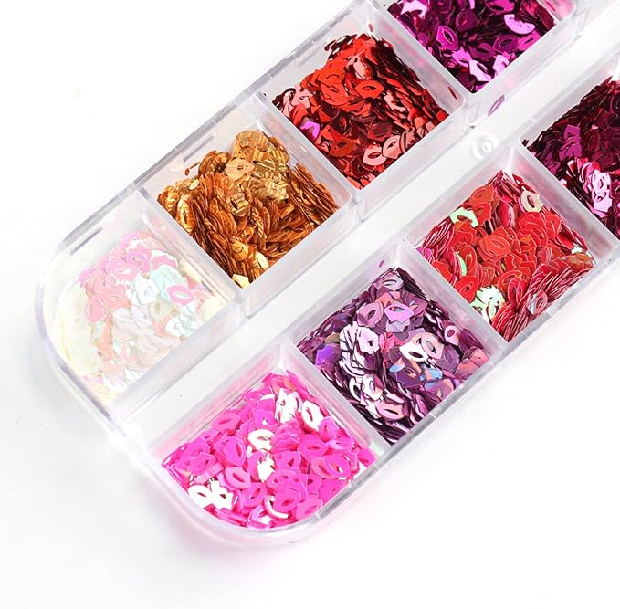Laser Lips Glitter Nail Art Sequins, Holographic 3D 12 Colors Sparkly Flakes Design, Mouth Shape Nail Glitters Supplies for Women Girls Manicure Powder Charms Decorations, DIY Resin Nail Art Tips