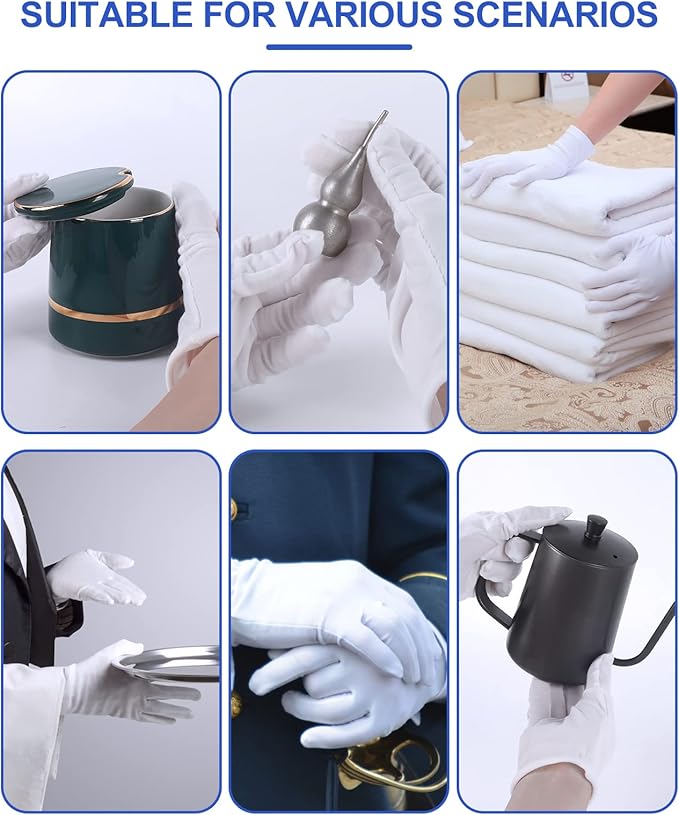 12 Pairs of White Cotton Gloves-Breathable and Comfortable Eczema Gloves, Moisturizing Spa Gloves，Jewelry Inspection Gloves，Suitable for Housework, Driving, Archives, Artwork Processing