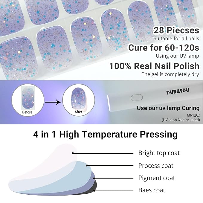 Semi Cured Gel Nail Strips, 28pcs Gradient Love Gel Nail Strips Work with Any UV Light, Gel Nail Stickers Full Nail Wraps for Women Girls Kids DIY Gift, Include Prep Pads, Nail File&Wood Stick