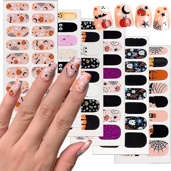 6 Sheets Halloween Nail Art Stickers Cute Cat Ghost Full Nail Wraps Stickers 3D Self-Adhesive Pumpkin Bat Spider Mummy Nails Polish Sticker Shiny Spider Web Gel Nails Strips Decals for Women