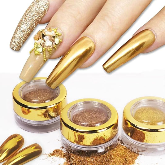 Holographic Mirror Gold Chrome Nail Powder Kit Effect Pure Metallic Dust Sequins UV Gel Gold Nail Chrome Powder Set Pigment for Nail Art Decoration
