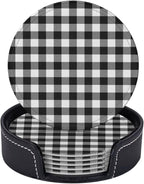6 Pcs Black White Striped Plaid Leather Coasters - Image 2