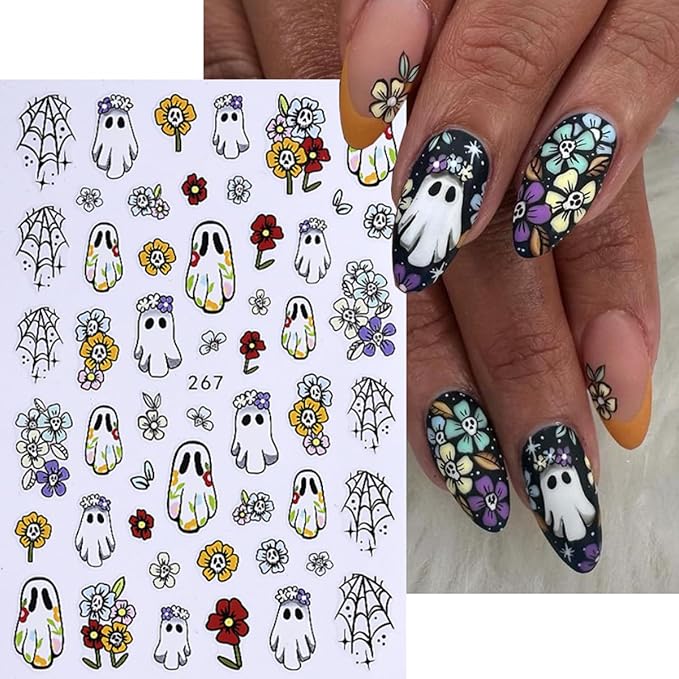 Halloween Nail Art Stickers Decals 3D Halloween Nail Stickers for Nail Art 6PCS Ghost Spiders Web Bat Pumpkin Black Cat Self-Adhesive Nail Art Design Manicure Sliders for Women DIY Nail Decorations