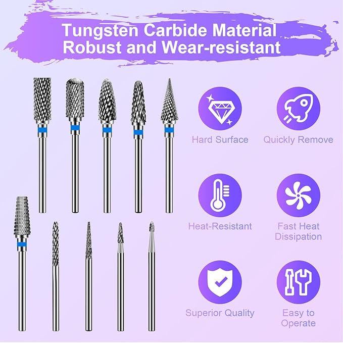 Diesisa 10PCS Nail Drill Bits Set - Tungsten Carbide Nail Bits for Acrylic Nails - 3/32" Shank Drill Bits Professional Electric Nail Bits For Nail Drill - Removal Bit Nail Drill for Home Salon-Blue