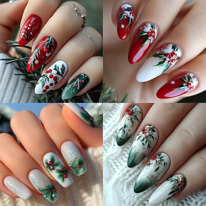 8 Sheets Christmas Nail Stickers for Nail Art, Christmas Holiday Holly Leaves Nail Decals Design 3D Self-Adhesive Winter Leaves Nail Art Stickers Supplies for Women Holiday DIY Manicure Decoration