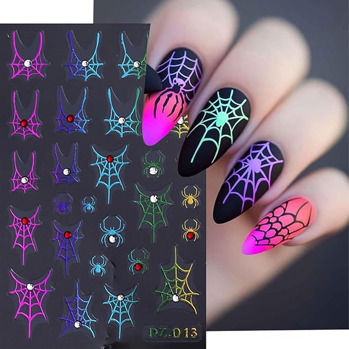 4 Sheets Spider Web Nail Stickers 3D Self-Adhesive Halloween Nail Art Stickers Laser White Silver Gold Spider Web with Rhinestones Horror Design Goth Nail Decals Nail Supplies for Women Acrylic Nail