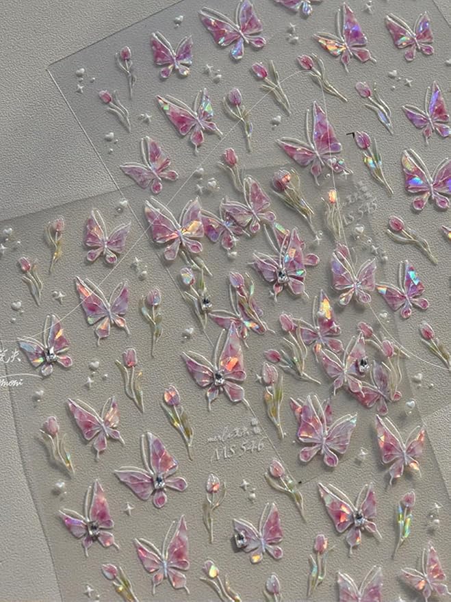 Tulips Butterfly Nail Stickers 5D Embossed – Premium Salon-Quality Nail Charm Accessories, Easy Application & Self-Adhesive for DIY Manicure, Tulip Butterflies Nail Art, Press on, Home or Salon Use