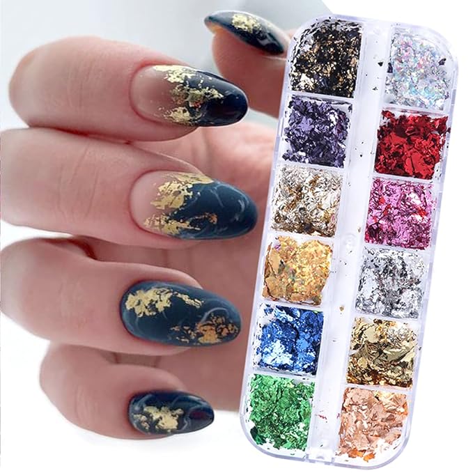 Gold Nail Art Glitter & Sequins Holographic Irregular Foil Sticker 3D Glitter Foil Flakes Decals - 12 Colors