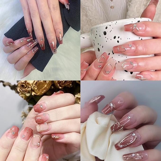 2 Sheets Irregular Bronzing Nail Art Stickers 3D Self Adhesive Gold Silver Frame Nail Stickers with French Line Rhinestone Nail Decals Circle Engraved Manicure Decals for Women Girls Nail Decorations