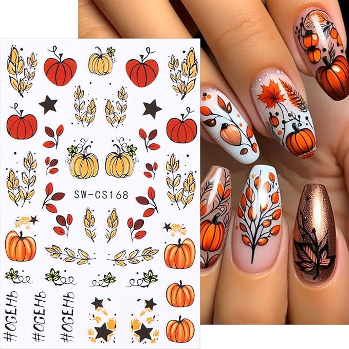 6 Sheets Pumpkin Nail Art Stickers Autumn Maple Leaf Nail Decals Maple Leaves Pumpkin Design Thanksgiving Day Nail Sticker Fall Stickers DIY Manicure Decoration Supplies for Women