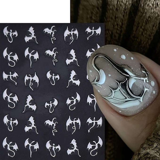 6Pcs Halloween Nail Art Stickers 3D Holographic Flying Dragon Nail Decals Self Adhesive Horror Bat Nail Stickers Gothic Bat Nail Supplies Halloween Holiday Decoration Nails Supply for Women DIY