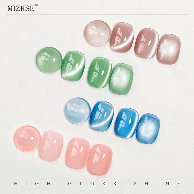 MIZHSE Moonlight Cat Eye Gel Nail Polish, Magnetic Gel Polish Set with Sheer Pink Nail Gel and 1 Magnet Stick, Glossy Effect Nail Gel Green Blue Pink Soak Off UV/LED Nail Art Salon Manicure Home Gift