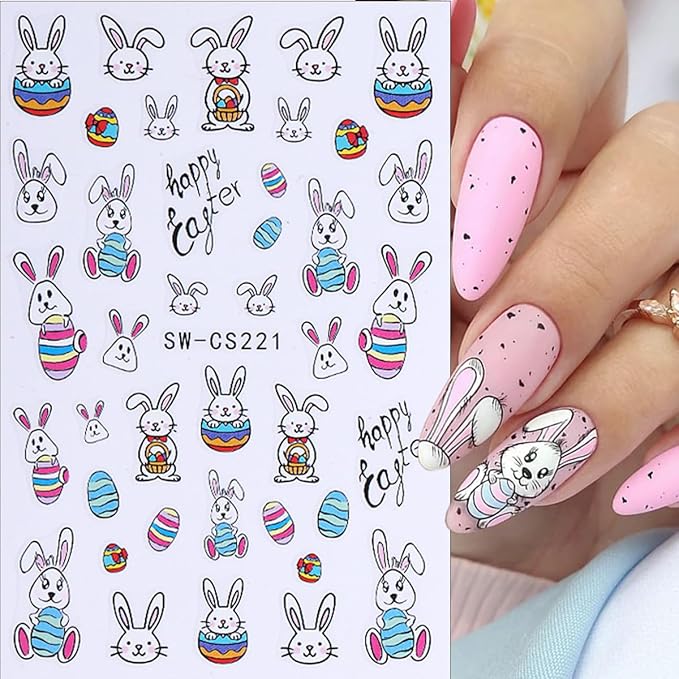 6 Sheets Easter Nail Art Stickers 3D Self-Adhesive Bunny Nail Stickers Rabbits Chick Egg Nail Design Easter Nail Decals Cute Nails Decoration Supplies for Women Girls DIY Acrylic Nails Accessories