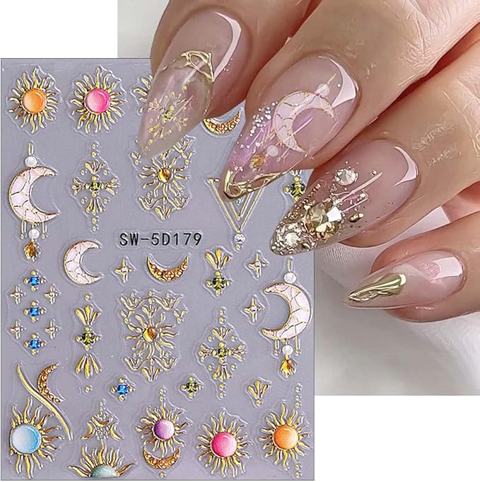 2 Sheets Embossed Sun Star Nail Stickers Bohemian Style Gold Nail Decals Sun Moon Nails Art Stickers Bohemia Luxury Gem Metallic Nail Design Stars Sticker for Manicure Decoration Supplies Tips