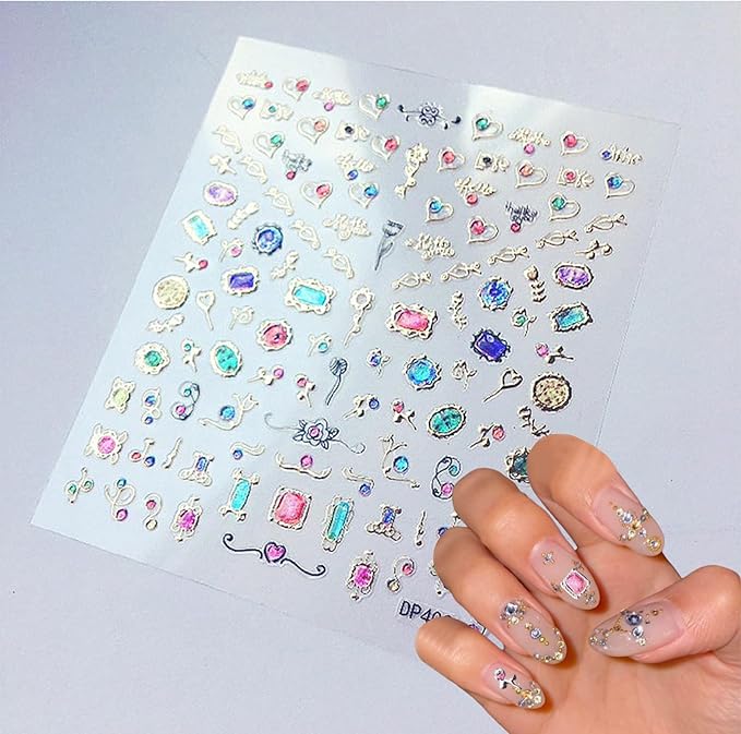 4 Sheets Star Sun Moon Nail Art Stickers 3D Holographic Self Adhesive Glitter Colorful Floral Nail Stickers Sparkly Heart Gems Design Nail Supplies for Women and Girls DIY Manicure Decoration