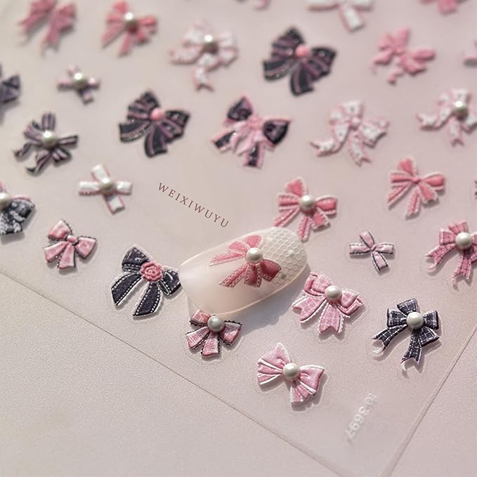 Pink Embossed Bow Nail Art Sticker 5D Cute Rhinestone Bow Elegant Pearl Design Women DIY Nail Art Decorationn