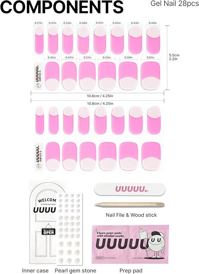 UUUUUU Semi Cured Gel Nail Strips | Salon-Quality | UV Free Gel Nail Wraps for Women | Easy Peel&Stick | Long-Lasting up to 14 Days | 28 Strips Set+File & Wipes | Gift-Ready (UGN103 Bombshell Pink)