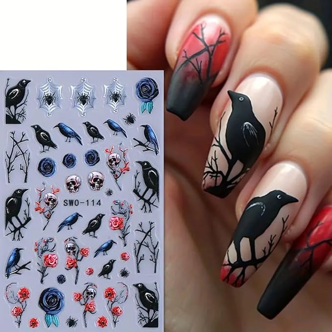 2 Sheets Halloween Nail Art Stickers 5D Embossed Black Bird Nail Decals Dark Skull Crow Dead Tree Nail Design Manicure Sliders Self-Adhesive Horror Halloween Nail Accessories for Women Nail Art