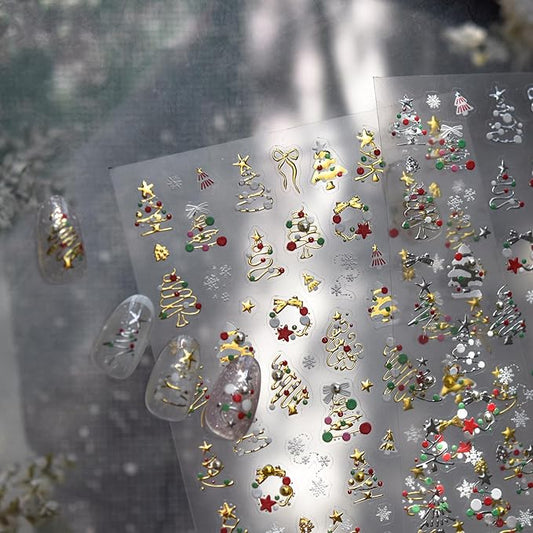 1 Sheet Christmas Nail Art Stickers Golden Xmas Tree Nail Decals with Rhinestone Star Bow Christmas Tree Nails Design Winter Xmas Nail Design Nail Supplies for Women DIY Holiday Manicure Decorations