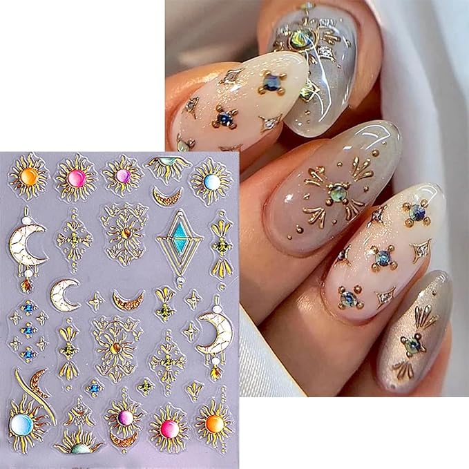2 Sheets Bohemian Style 5D Embossed Nail Stickers for Nail Art Self-Adhesive Star Moon Sun Nail Decals Colorful Glitter Gems Nail Design Stickers Bohemia Nails Art Supplies for Women Manicure Tips