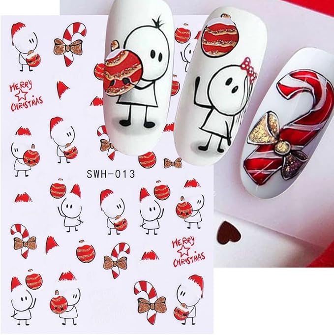 8 Sheets Christmas Nail Art Stickers - 3D Clock Glitter Firework Balloon Design, Candy Cane Cute Cartoon Cow Light Decals for Winter Xmas and New Year's - Supplies for Women Girls