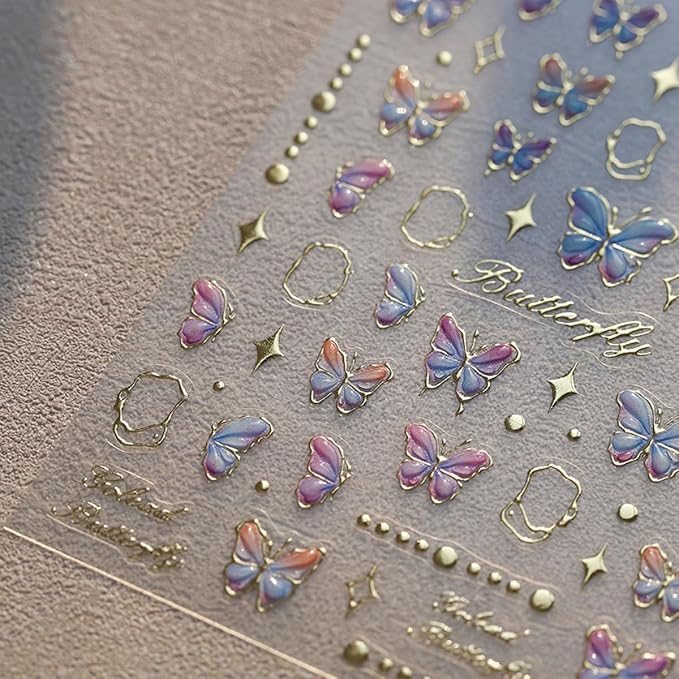 Butterfly Nail Art Stickers Decals Butterfly Nail Stickers Blue Shinny Butterfly Nails Design 5D Embossed Self Adhesive Nail Decals Butterfly Stickers for Women Girl DIY Manicure Nail Art Decorations