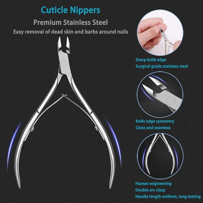 Cuticle Trimmer with Pusher, 3PCS Professional Cuticle Nippers Remover Tool for Women, Premium Stainless Steel Durable Manicure Kit for Fingernails and Toenails