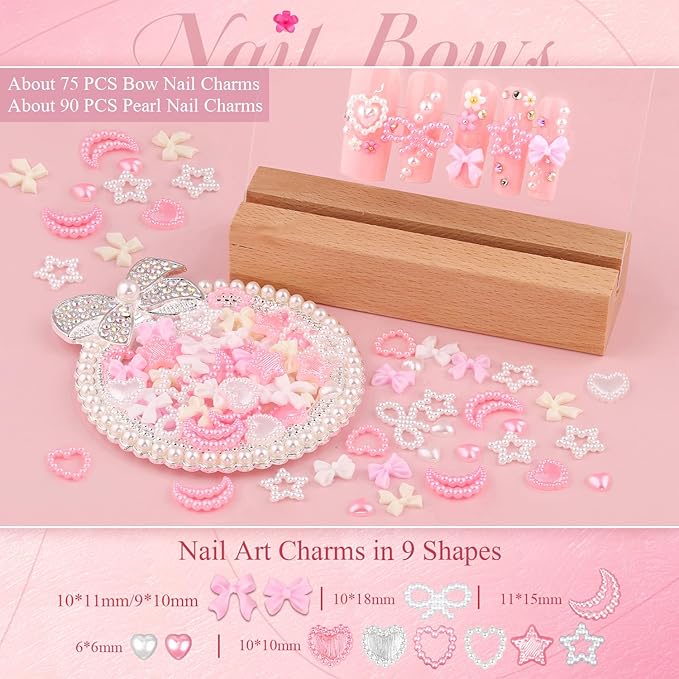 Chunky Nail Charms and Gems Set 4 with Rhinestone Glue, Girly Coquette Nail Charms + Assorted Pearl Bows Heart Star Moon + Cute 3D Flowers for Nails + Flatback Crystals & Pearls for Kawaii Nail Design