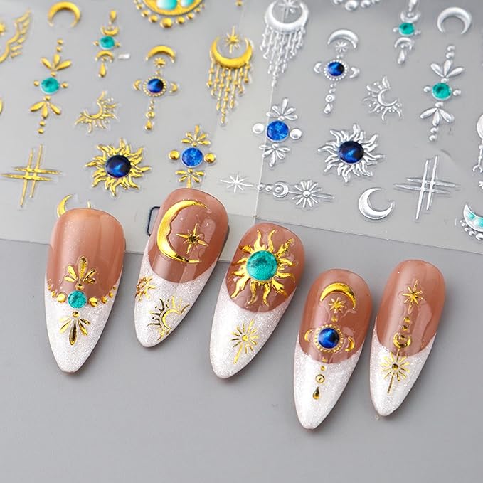 2Sheets Gold Silver Star Moon Nail Art Stickers 3D Gold Silver Sun Nail Decals with Blue Green Rhinestone Designs Nail Stickers for Acrylic Nails Self-Adhesive Gem Sun Nail Decal for Women Nails Decor