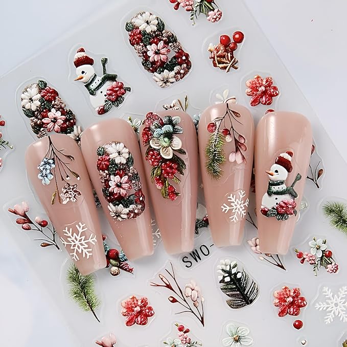 Christmas Nail Art Stickers Decals 5D Embossed Nail Decals Snowman Christmas Tree Snowflake Holiday Nail Stickers for Nail Art Xmas Nails Design Christmas Nails Supplies for Women Girls