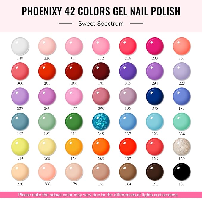 phoenixy 50 Pcs Gel Nail Polish Set, 42 Colors Gel Polish with Base Coat & 4 Effects Top Coat Pink Purple Blue Yellow Gel Polish Kit Nail Starter Set Gifts for Women Girls