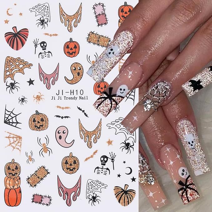 Halloween Nail Stickers Ghost Pumpkin Nail Decals DIY Self Adhesive Spider Web Gold Orange Nail Design 3D Nail Decoration Supplies Holiday Manicure Accessories for Women Girls 4Pcs