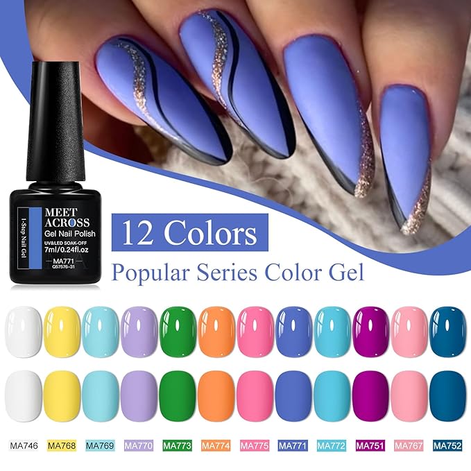 MEET ACROSS 12 Colors One Step Gel Polish, 3-in-1 Base Coat, Nail Color & Top Coat, One Step Gel Nail Polish Set Pink Purple Sky Blue Rainbow Colors Series 7ml