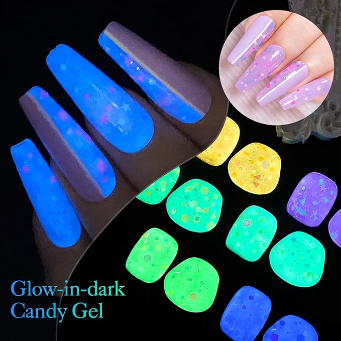 MEET ACROSS Candy Glow in the Dark Gel Nail Polish Set, 6 Colors Luminous Light Pink Yellow Purple Glow Effect Nail Polish with Sequins Soak off UV LED Cured for Home Salon DIY Manicure
