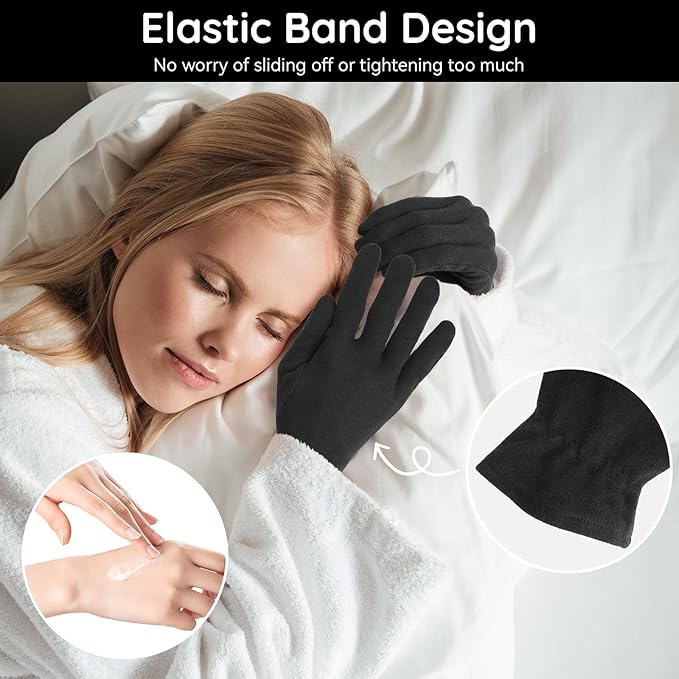 Segbeauty 24 Counts Elastic Black Cotton Gloves for Dry Hands, 12 Pairs Overnight Moisture Lotion Cotton Gloves with Elastic Band for Sleeping Driving Typing, Home Spa Sleep Glove Reusable Soft Glove