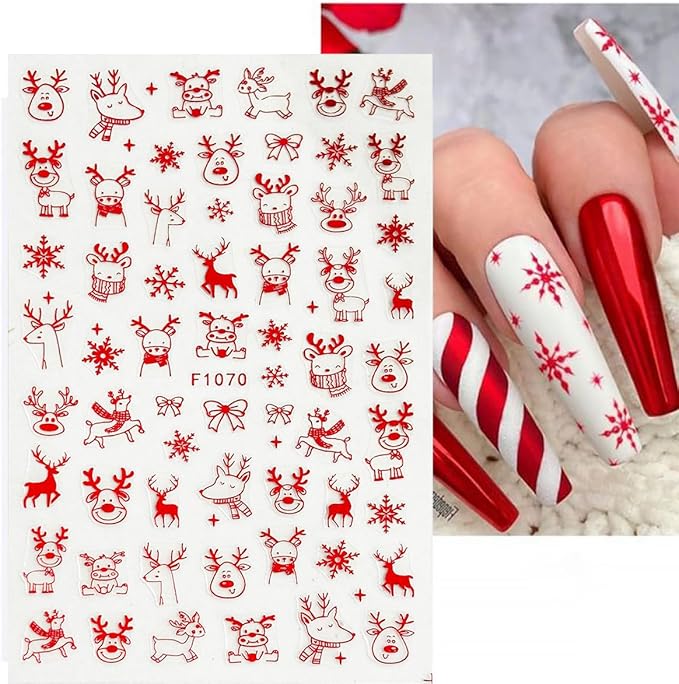 8 Sheets Christmas Nail Stickers 3D Self-Adhesive Winter Santa Claus Decals Glossy Black Red Reindeer Snowflake Bell Elk Xmas Trees Art Supplies for DIY Nails