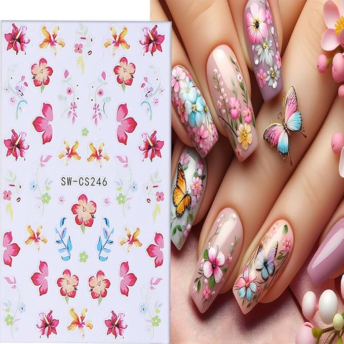 6 Sheets Flower Nail Art Stickers 3D Self-Adhesive Spring Summer Nail Sticker Butterfly Nails Art Decals Holographic Floral Nails Decal Decoration for Women Blossom Manicure DIY Nail Supplies