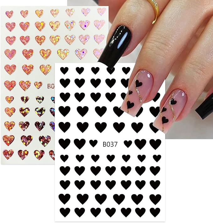 Heart Love Nail Art Stickers Glitter Shiny Love Nail Decals 3D Self-Adhesive Valentine Nail Supplies Glitter Red White Silver Black Heart Nail Design for Acrylic Nail Decorations 10 Sheets
