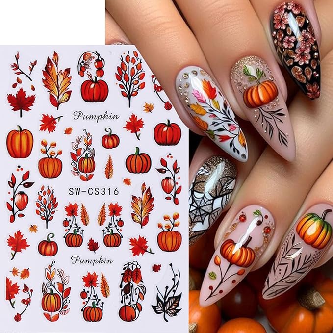Fall Nail Stickers Autumn Pumpkin Maple Leaf Nail Art Stickers 6PCS 3D Self-Adhesive Fallen Leaf Pumpkins Flowers Fall Nails Design Manicure Decals Supply for Thanksgiving Day DIY Nail Decorations
