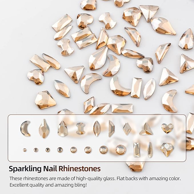 Nail Rhinestones Kit, Nail Art Decorations with Wax Pencil Flat AB Rhinestones Kit DIY Crafts Gemstones for Nail, Shoes, Clothes, Jewels (600 Champagne diamonds + 2500 flat rhinestones)