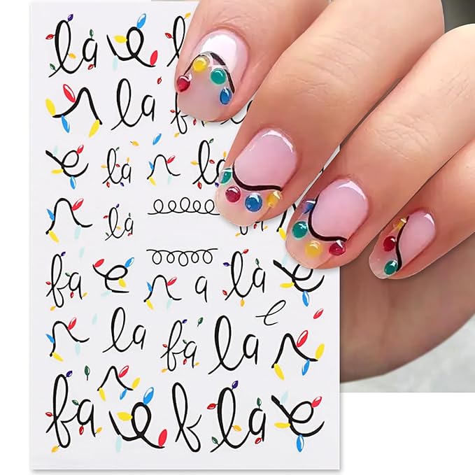 Christmas Nail Art Stickers, Self-Adhesive Colorful Light String, Santa, Elk, Snowflake Design for Holiday Nail Decals, Pegatinas Uñas Navidad DIY Decorations (6 Sheets)